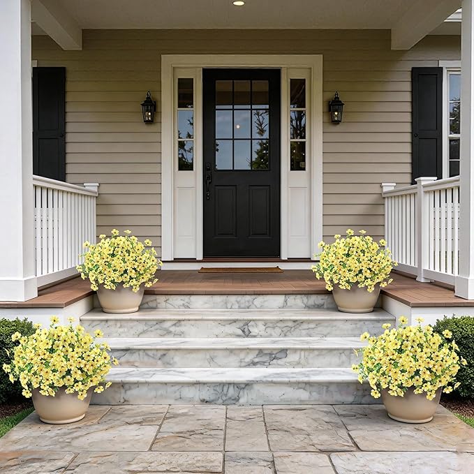 Artificial Morning Glory & Eucalyptus Topiary Trees - Set of 2 Faux Silk Flower Potted Plants, UV-Resistant Fake Outdoor Morning Glory Bushes for Front Door, Yard, Farmhouse, Garden Decor (Yellow)