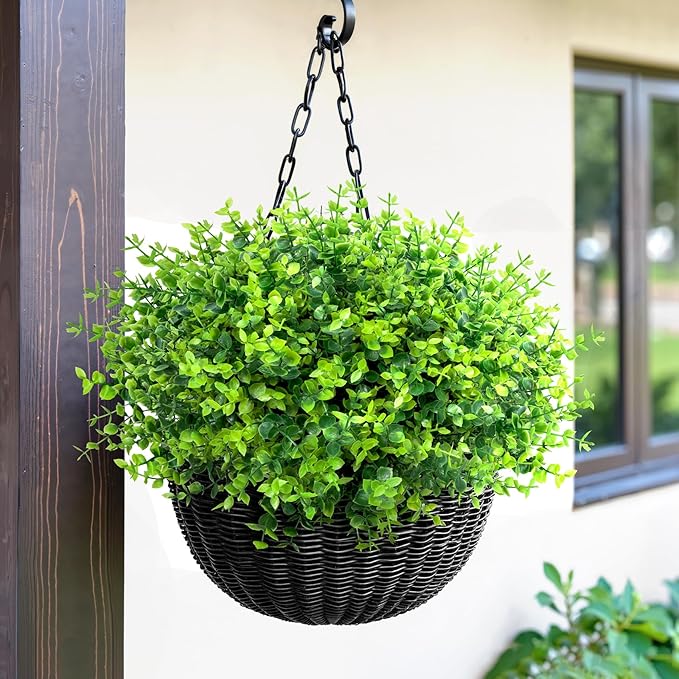 12 Bundles Greenery Artificial Plants Outdoors, Eucalyptus Stems UV Resistant Fake Foliage Plants Faux Boxwood Shrubs Indoor Decorations Artificial Flowers for Garden Pot Porch Fence Hanging Planter