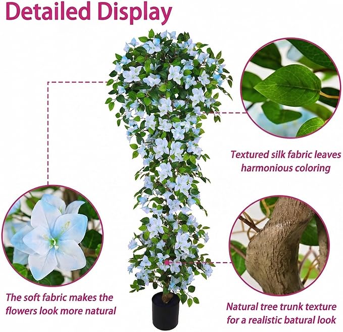 Artificial Bougainvillea Tree -6FT Faux Bougainvillea Tree with Realistic Flowers, Tall Fake Flower Tree for Indoor or Outdoor Decor, Silk Floral Plant for Living Room, Porch, Garden (Blue/White)