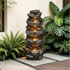 Solarbloom 38.9" H Large Outdoor Fountain, 5-Tier Cascading Rock Waterfall Fountain with LED Lights, Freestanding Water Feature for Garden Patio Backyard Porch Decor