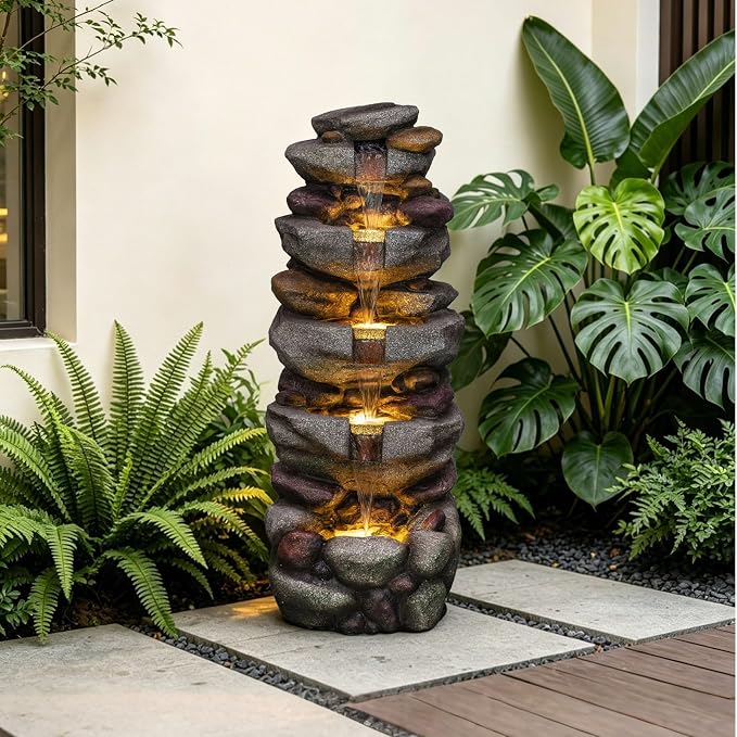 Solarbloom 38.9" H Large Outdoor Fountain, 5-Tier Cascading Rock Waterfall Fountain with LED Lights, Freestanding Water Feature for Garden Patio Backyard Porch Decor
