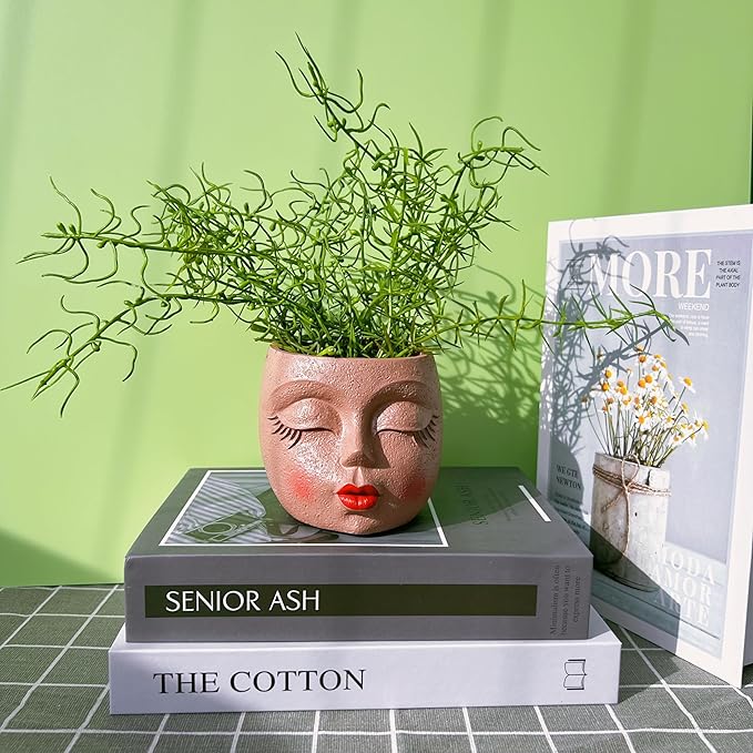 Handcrafted Head Planter Pot Lady Face Planters Cute Flower Pot for Succulent Funny Resin Head Face Planter with Drainage Lightweight Brown 1Pack