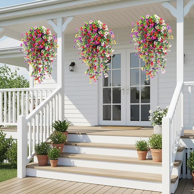 CEWOR 4pcs Artificial Hanging Flowers Plants for Outdoor, Fake Flowers Faux Silk Daisy with Eucalyptus, UV Resistant Realistic Faux Flower for Outside Indoor Home Porch Patio Decor, Multicolor