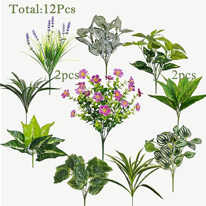 12 Pcs Artificial Plants for Outdoors Faux Greenery Leaves UV Resistant Realistic Plastic Large Bunches Shrubs Bushes with Flowers, Fake Plants Decor Outdoor for Front Porch Door Patio Garden Yard