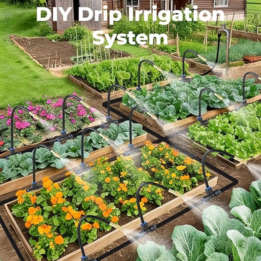 130FT Drip Irrigation System for Garden: 20 Nozzles 1/4" PE Tubing Automatic Watering Kit Adjustable Misting Sprinkler Mister Hose for Water Plants Tape Raised Beds Lawn Outdoor Yard Greenhouse