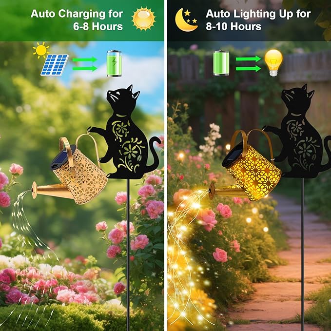 Solar Lights Outdoor, 2 Pack Black Cat Solar Watering_Can Lights, Birthday Gifts for Women Mom Cat Lover Mother's Day Christmas, Waterproof Hanging Lantern Garden Decor Outside Patio Yard Pathway