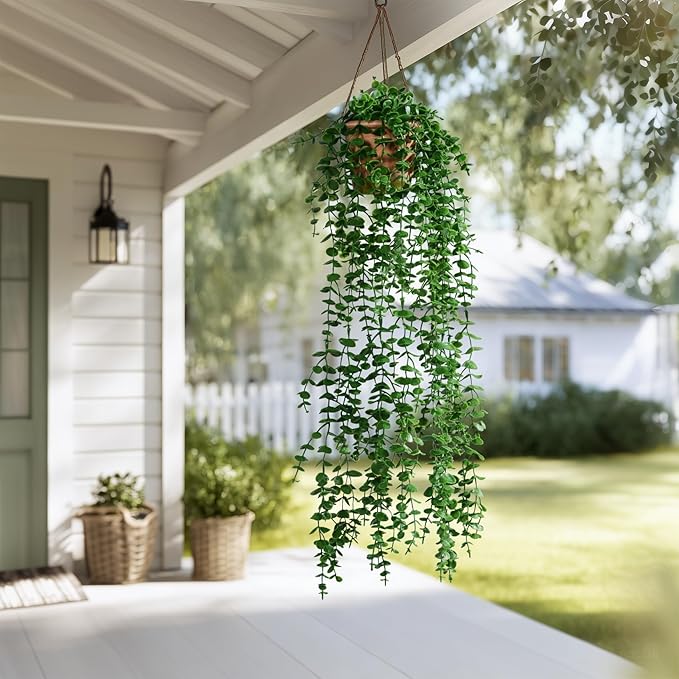 2 Pcs Faux Eucalyptus Vine Ivy Vine Artificial Hanging Plant Faux Plant Fake Potted Greenery for Wall Living Room Home Shelf Office Bathroom Outdoor Indoor Decor (Type 1)