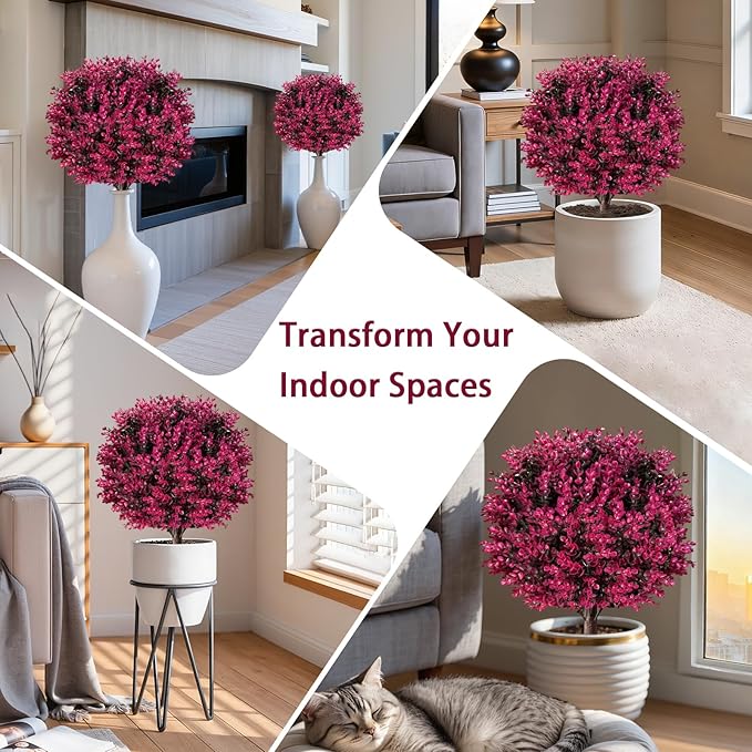 Artificial Pink Eucalyptus Topiary Ball Trees, Set of 2 UV Resistant Fake Evergreen Shrubs Bushes Plants with Ground Spike, 18" Fake Plants for Outdoor Indoor Front Porch Garden