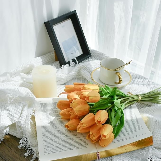 Mandy's Gold Artificial Tulips Flowers Centerpiece, 13.5" Lifelike PU Fake Floral Stems 20pcs for Kitchen Island & Dining Table, Spring Decor for Easter