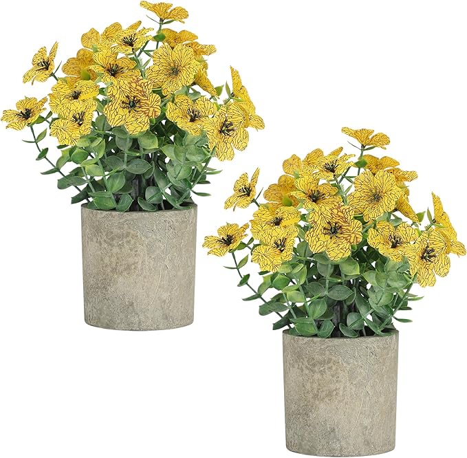 2 Pack Small Fake Plants Potted Artificial Plants Artificial Flowers Potted Faux Flower Daisy with Eucalyptus Leaves for Home Decor Office Room Farmhouse Indoor Table Bathroom Decor（Yellow）
