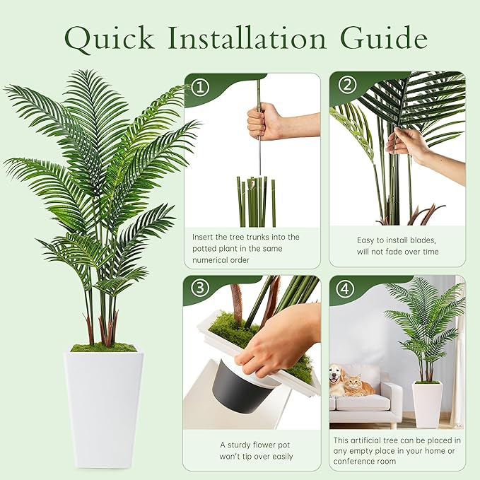 7FT Artificial Palm Tree, Tall Artificial Tree Plants with Fake Plants, Large Faux Plants Indoor with Lifelike Leaves for Outdoor Indoor Home Office Living Room Decor (White)