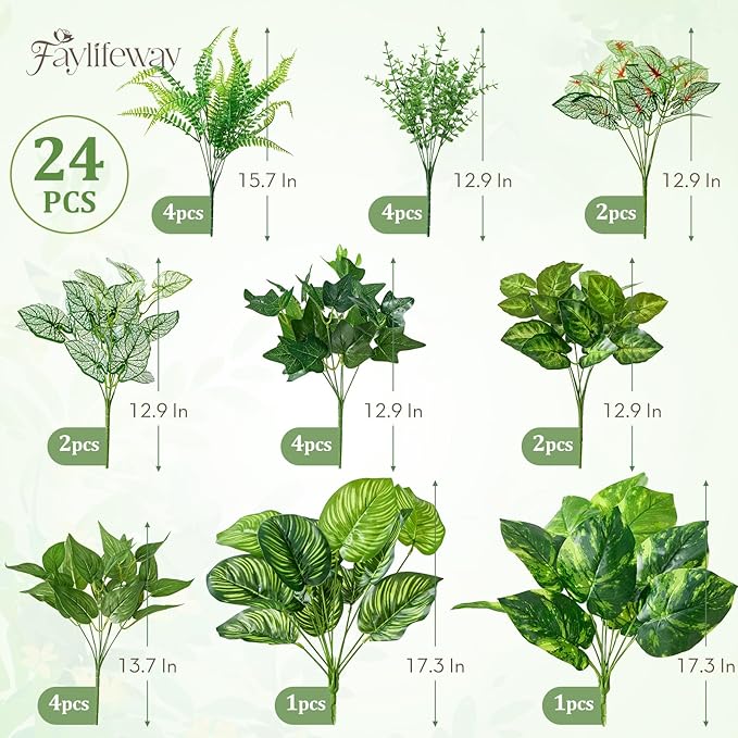 24 Bundles Artificial Plants Outdoor,UV Resistant Fake Greenery Stems with Large Shrubs Faux Plastic Plant for Outside Front Porch Planters Garden Window Box Patio Decor(Pot Not Included)