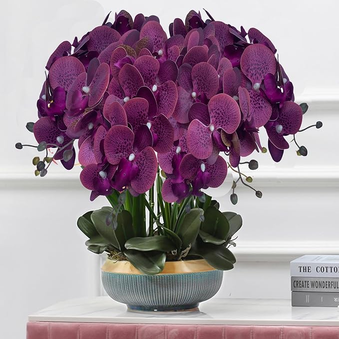 FagusHome 32 Inch Artificial Phalaenopsis Flowers 6 Pcs Artificial Orchid Flowers Stem Plants for Home Décor (Purple Piebald), FH1000143
