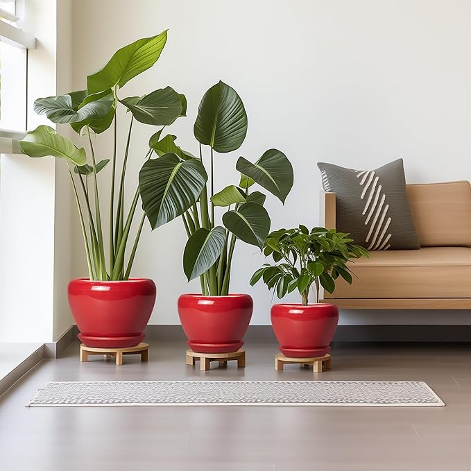 Ceramic Plant Pots, 10+8+6 Inch Ceramic Planters with Drainage Holes and Saucers, Round Decorative Pots for Plants Indoor Outdoor, House Decor, Gifts for Plant Lovers, Set of 3, Bright Red