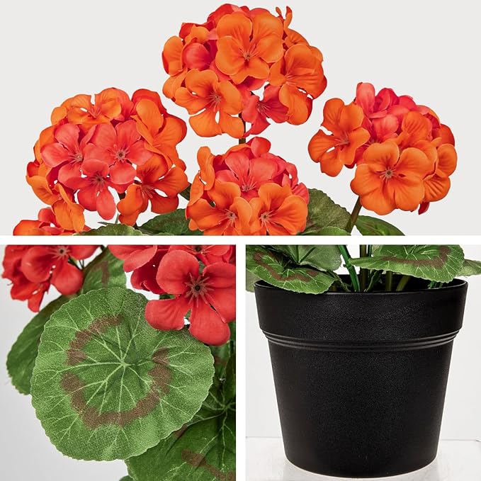 Briful 15.7in Artificial Geranium Plant in Black Pot, Orange Faux Potted Flowers, Real Touch Geraniums for Indoor Outdoor Decor, Table Centerpiece Farmhouse Home, Office, Porch & Living Room Decor