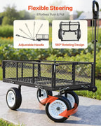 VEVOR 900 LBS Steel Garden Cart, 2 in 1 Handle, Heavy Duty Pullable Garden Wagon with 10" Flat-Free Tires, Outdoor Utility Yard Wagon Cart with Detachable Side Panels, Attach to ATV or Tractor