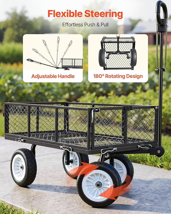 VEVOR 900 LBS Steel Garden Cart, 2 in 1 Handle, Heavy Duty Pullable Garden Wagon with 10" Flat-Free Tires, Outdoor Utility Yard Wagon Cart with Detachable Side Panels, Attach to ATV or Tractor