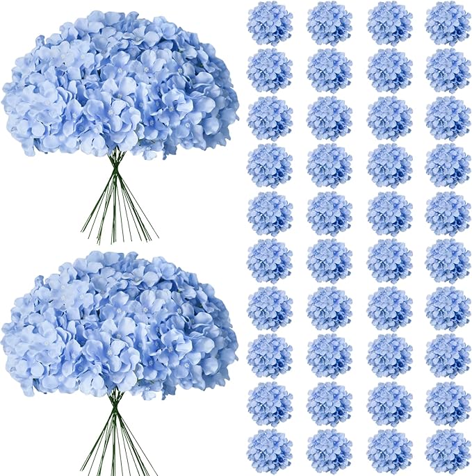 65Pcs Blue Hydrangea Artificial Flowers Bulk，Realistic Silk Fake Flowers with Stems，Faux Hydrangea Flowers for Wedding Home Decor Centerpieces Living Room Garden Party Baby Shower Decoration