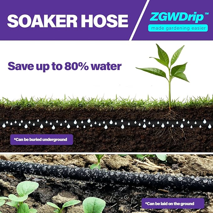50FT 1/2" Water-Saving Soaker Hose with Solid Brass Connectors, Drip Irrigation Kit for Lawn & Yard