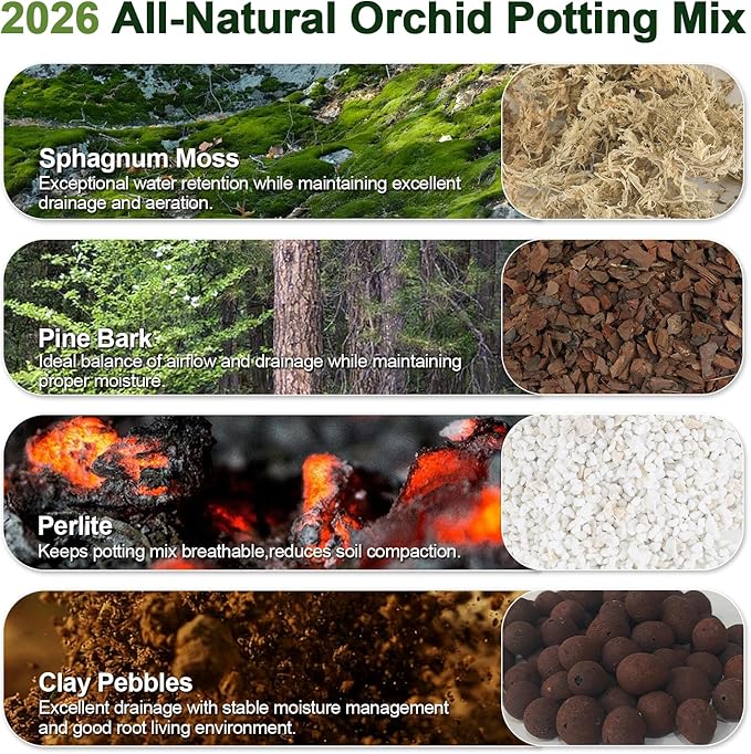 Orchid Bark Potting Mix 9 Quart, Mix Pine Bark,Perlite, Sphagnum Moss and Clay Pebbles for Plants, Orchid Garden Soil for Potting,Repotting