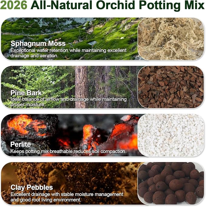 Orchid Bark Potting Mix 3 Quart, Mix Pine Bark,Perlite, Sphagnum Moss and Clay Pebbles for Plants, Orchid Garden Soil for Potting,Repotting