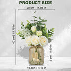 Fake Flowers with Vase, Silk Roses Artificial Eucalyptus in Glass Vase for Farmhouse Bathroom Kitchen Table Decor, Silk Flower Arrangements for Bedroom, Dining Room, Living Room Decor