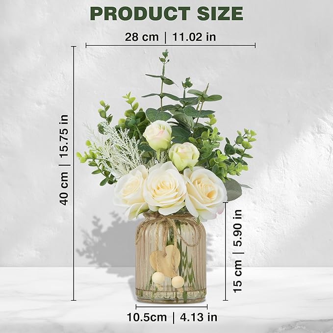 Fake Flowers with Vase, Silk Roses Artificial Eucalyptus in Glass Vase for Farmhouse Bathroom Kitchen Table Decor, Silk Flower Arrangements for Bedroom, Dining Room, Living Room Decor