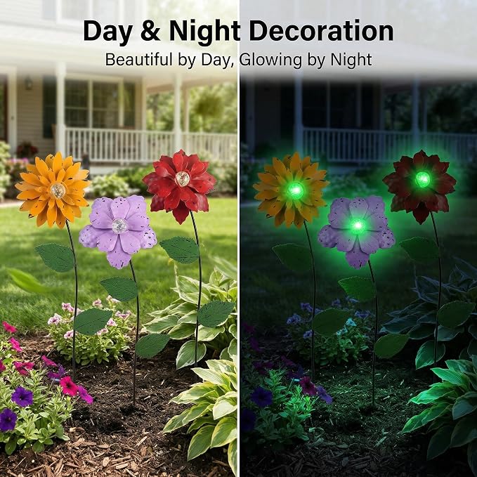 Topadorn 3 Pack Glow in the Dark Flower Garden Stakes, Metal Outdoor Yard Decor with Shaking Heads, Weatherproof Garden Pathway Ornaments