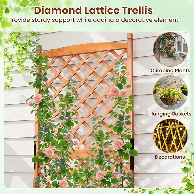 Giantex Raised Garden Bed with Trellis, 60" Wooden Planter Container with Drainage Holes, High Trellis for Plant Flower Climbing Pot Hanging, Indoor & Outdoor Planter Box for Yard Garden Balcony