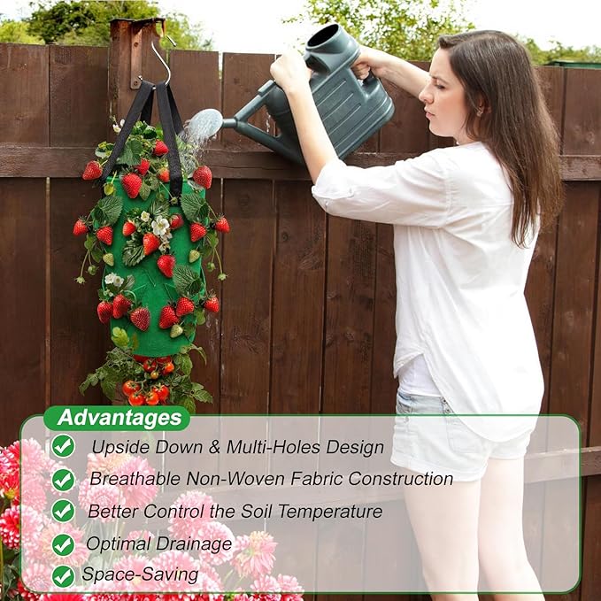 4Pack Upside Down Strawberry Tomato Planter Hanging Growing Kit Outdoor Indoor with 4 Hooks 3 Gallon Cloth Fabric Cherry Tomato Strawberry Vegetable Vertical Hanging Garden Planting Planter Grow Bags