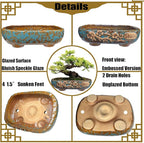 MUZHI 9.5” Rectangular Ceramic Rustic Bonsai Planter Pots with Drip Tray, Glazed Vintage Wide Mouth Shallow Pottery Bonsai Flower Planter Pots with Saucer