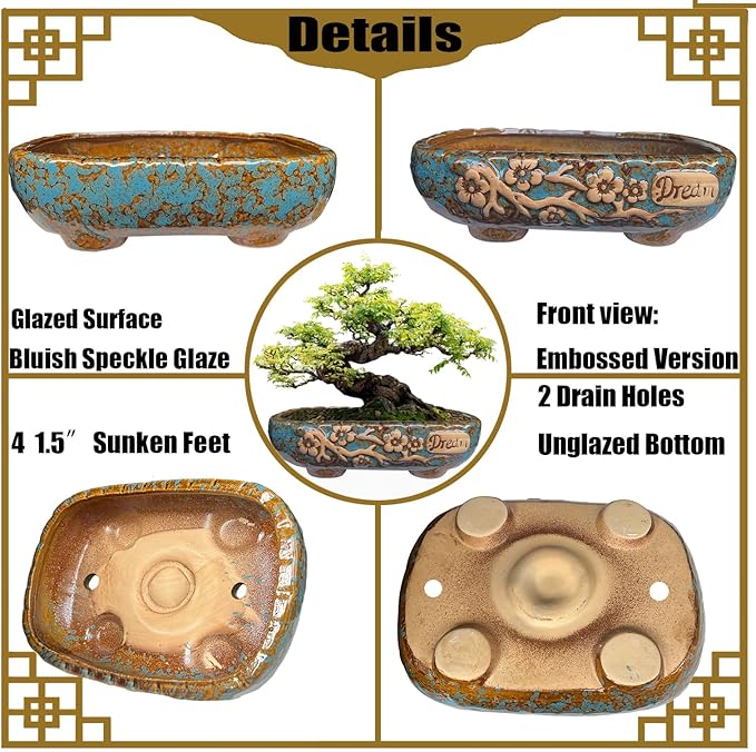 MUZHI 9.5” Rectangular Ceramic Rustic Bonsai Planter Pots with Drip Tray, Glazed Vintage Wide Mouth Shallow Pottery Bonsai Flower Planter Pots with Saucer