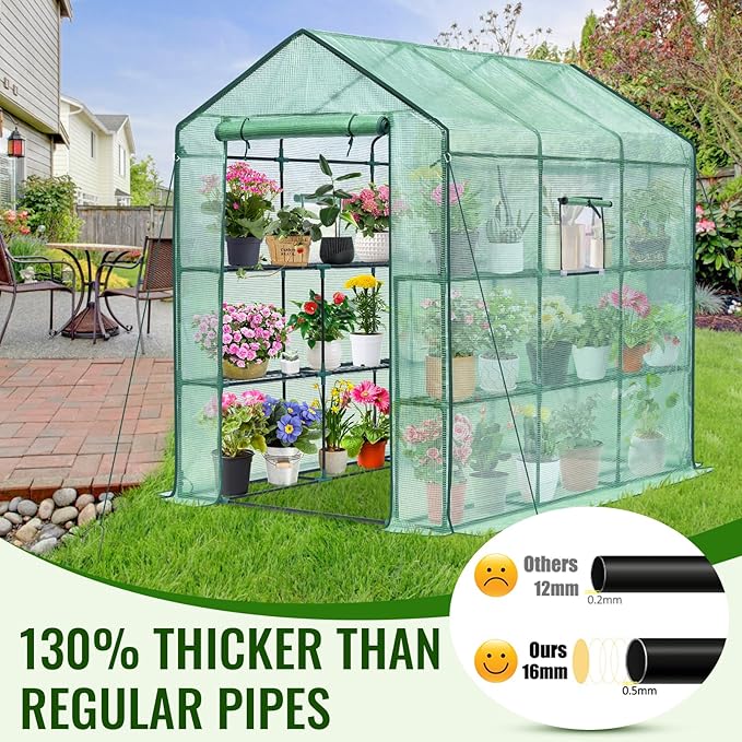 Greengro Greenhouse, 57 x 85 x 76'' Greenhouses for Outdoors, Portable Greenhouse Kit with Mesh Side Windows, PE Cover, 8 Shelves, Heavy Duty Walk in Green House for Backyard Garden Indoor Outside