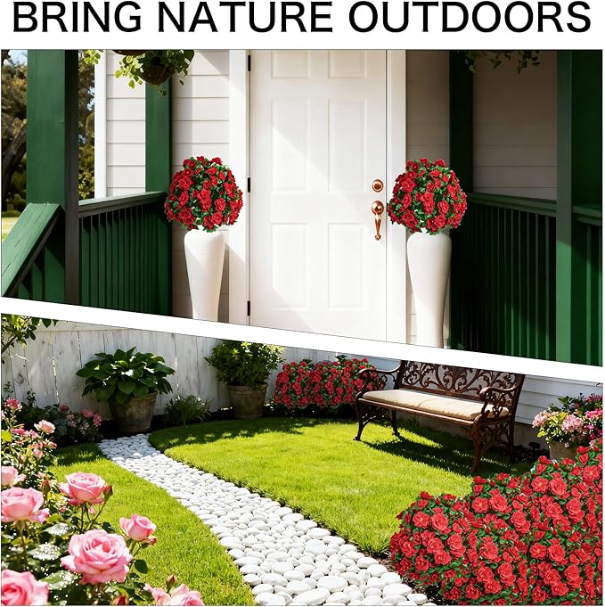 Artificial Flowers for Outdoors, Faux Outdoor Plants Fake Plants Topiary Balls Artificial Outdoor Set of 2 with Ground Spike for Home Front Porch Patio Garden Decor (Red)