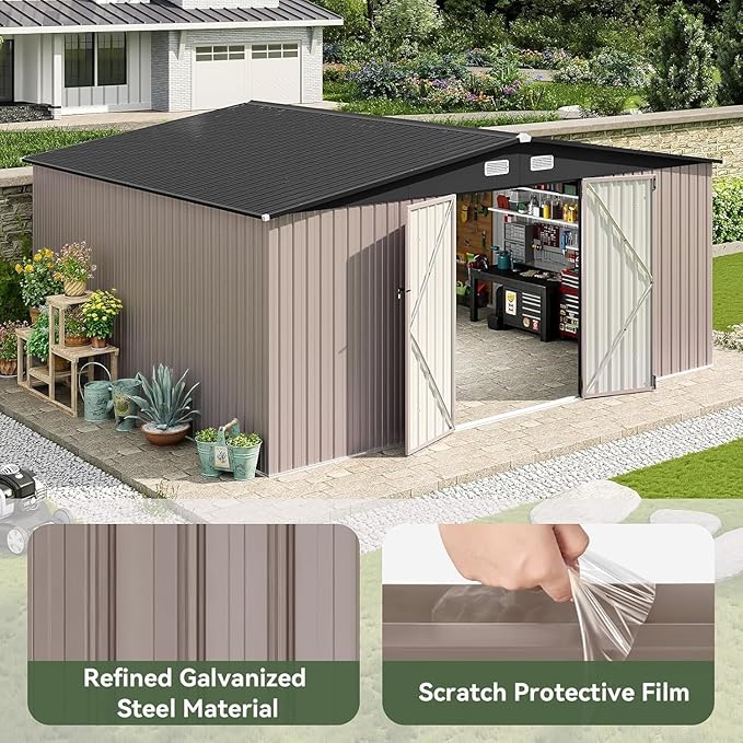 Aoxun 14x12 FT Large Outdoor Storage Shed, Galvanized Metal Shed with 2 Lockable Tall Doors & Sloped Roof, Heavy Duty Utility Tool Storage House for Patio, Garden, Backyard, Lawn (Brown)