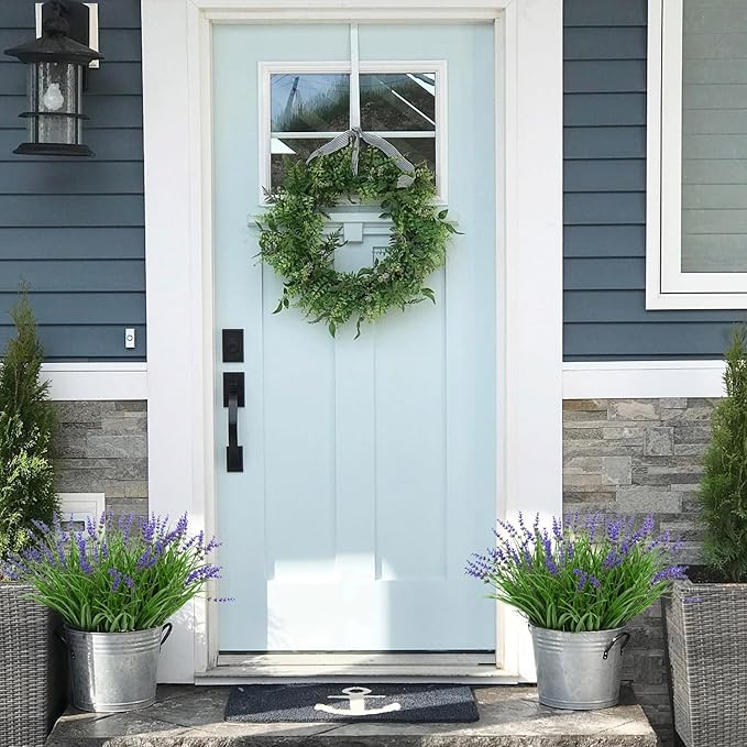 16 Bundles Artificial Outdoor Plants and 2 Pcs Butterfly Stakes Fake Monkey Grass with Flowers UV Resistant Faux Plant Greenery for Outside Planter Porch Patio Garden Window (Purple)