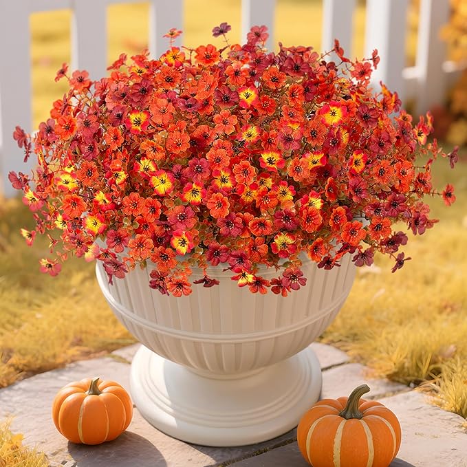 Ammyoo Fall Mums Artificial Flowers for Outdoors Potted, Fake Fall Daisy Flower with Realistic Eucalyptus Leaves, Fake Plants for Greenery Boxwood Porch Patio Garden Pot Courtyard Lawn, 12 Bundles