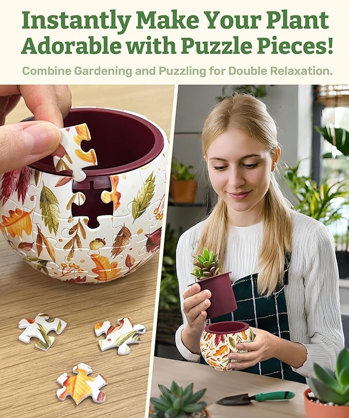 PieceRelax 3D Puzzle Planter 80 Pieces - Flower Pot - Dancing Leaves in Fall, for Mom, Home Decor Flower Pots for Indoor Cactus, Succulents Pots [K1108]