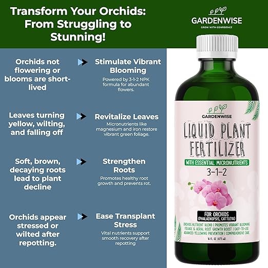 GARDENWISE Liquid Orchid Fertilizer Concentrate 3-1-2 with Micronutrients Orchid Care Made Easy (32 OZ)
