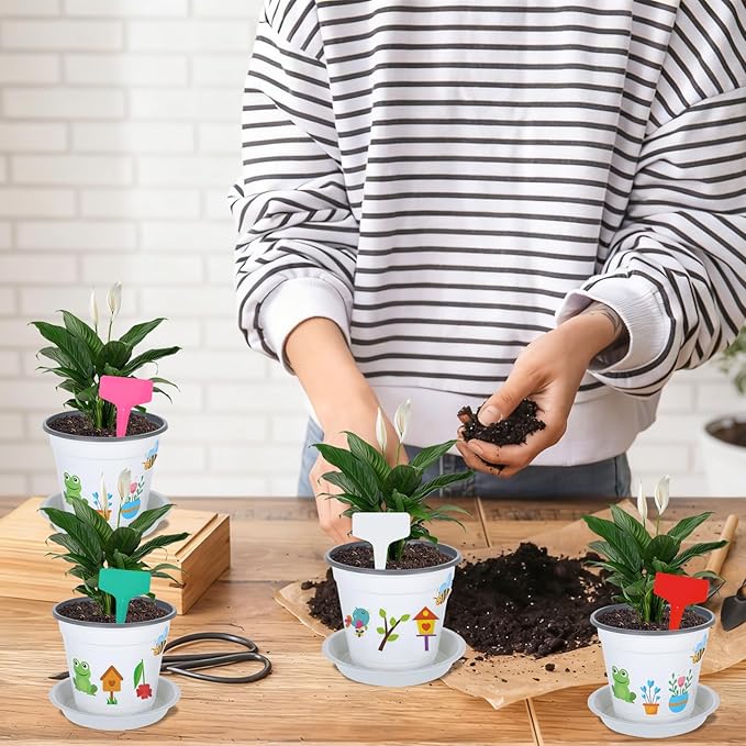 Garden Flower Pot Craft Kit, 48 Paintable Durable Resin Garden Pot with Tray Drainage Holes Adhesive Stickers and Plant Labels, Flower Plant Craft for Classroom Home DIY Flower Planting