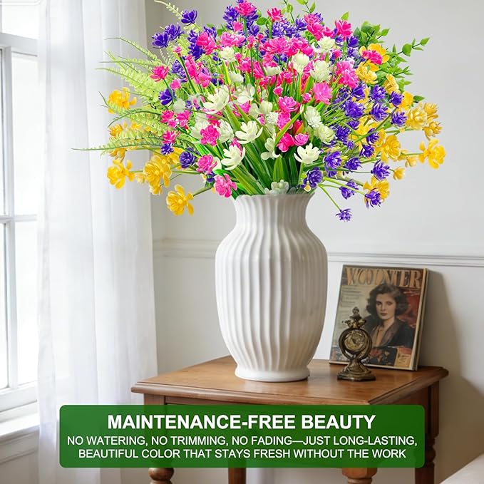 TURNMEON 20 Bundles Artificial Flowers for Outdoors, Spring Grass Camellia Fake Flowers Fern Plants Eucalyptus, UV Resistant No Fade Faux Greenery for Gardens Cemetery Summer Decor(Mixed 6 Styles 2)
