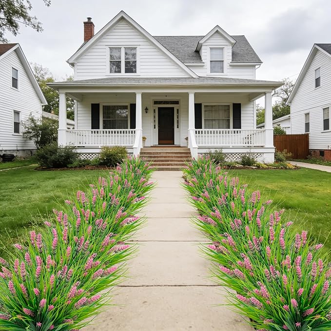 Roberly 24 Bundles Artificial Plants Outdoor, Fake Lavender Flowers UV Resistant Faux Shrubs Plastic Flowers Fake Greenery Plants for Porch Garden Window Box Home Indoor Outdoor Decorations, Pink