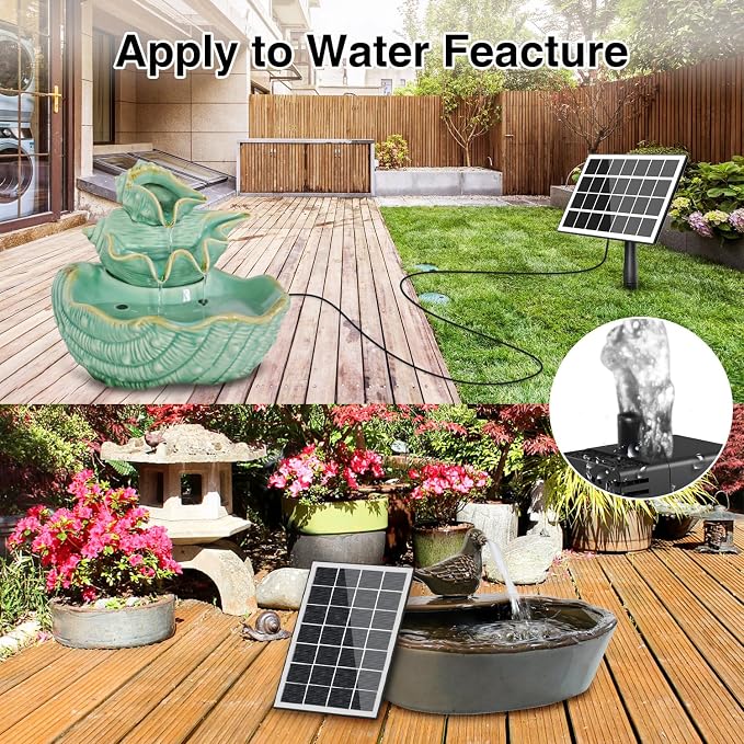 Jutai Solar Fountain Works in Cloudy Day with 2000mAH Battery Backup, 3.5W Glass Panel DIY Water Pump Kit with Sucker and Stake for Bird Bath, Water Feature,Garden, Outdoor-7 Nozzles,16.4ft Power Cord