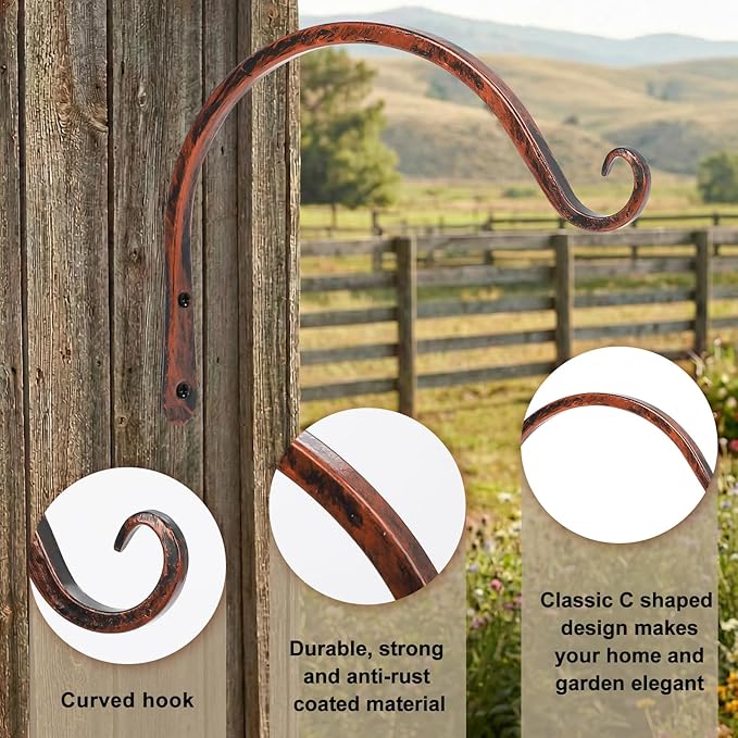 FEED GARDEN 2 Pack 8 Inch Hanging Plant Bracket Wall Hooks Decorative Plant Hangers for Outdoor Hanging Bird Feeders, Wind Chimes, Plant Baskets, Antique Bronze