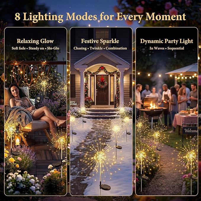 Solar Firework Lights, 8 Pack 120 LEDs 8 Lighting Modes Twinkle Solar Garden Lights Outdoor Waterproof for Yard Patio Walkway Pathway Party Wedding Balcony Decorative - Gifts for Women Mom