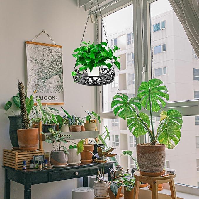 Plant Hanger, 2pcs Metal Hanging Plant Shelf Decorative Planter Flower Pots Holder for Indoor Outdoor, Modern Plant Hanging Basket for Balcony Porch Garden Home Decor, Black
