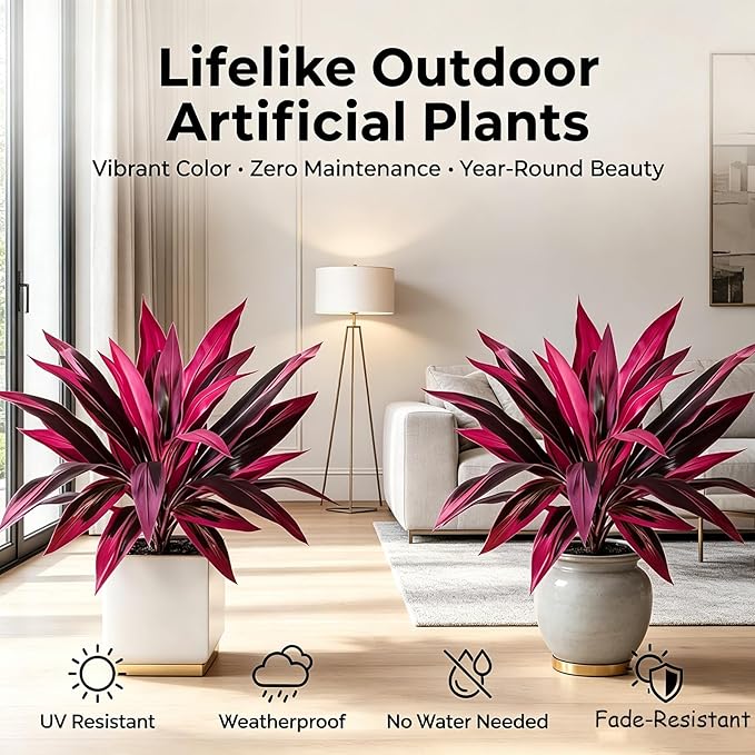 Artificial Dragons Blood Plant, 2Pcs Large Realistic Artificial Boston Fern & Dragon's Blood Tree Plants,UV Resistant No Maintenance Fake Greenery for Garden Patio Wedding Balcony Decor