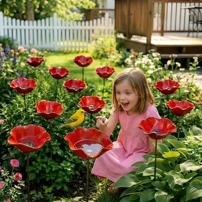 Handmade Metal Flower Garden Stake Bird Bath, Hummingbird Feeder, Bee & Butterfly Puddler, Mini Pollinator Watering Station for Garden Patio Lawn Yard Decor, Pink, 1PCS
