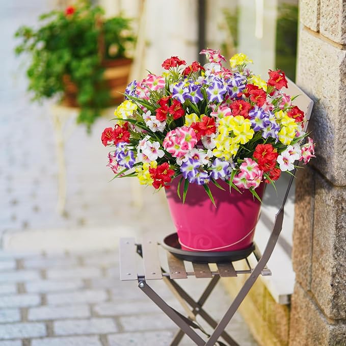 LikSoor Outdoors Artificial Flowers Spring Summer Decor Fake Petunias UV Resistant Flower Faux 12 Bundles Realistic Plastic Plant Porch Patio Window Box Garden Decoration (Mix Color)