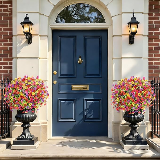 SHareconn 24 Bundles Artificial Flowers for Outdoors Decoration, Faux Plants Fake Silk Colorful Daisy Eucalyptus Lavender, UV Resistant for Outside Home Indoor Spring Decor, RedRosyPurpleYellowOrange